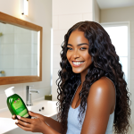 **

A woman with healthy, shiny hair, smiling, using natural hair care products in a bright, modern bathroom. Focus on showing the results of good hair care and a positive lifestyle.

**
