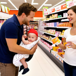 **Image Prompt 1:** A group of young parents happily interacting with a new line of baby products in a bright, modern store. Focus on elements that evoke family values and safety. The store should resemble a Rossmann or DM Drogerie Markt.