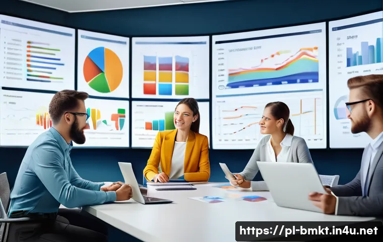 브랜드 마케팅 직무에서 자주 사용하는 용어 - A professional marketing team in a modern office environment analyzing detailed customer segmentatio...