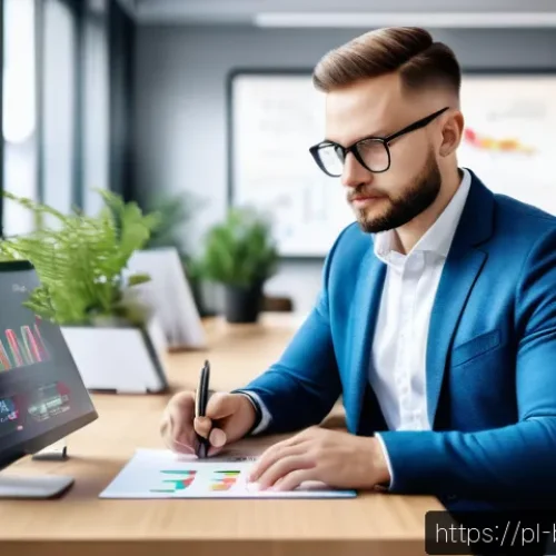 Home 32 브랜드 마케터 직무 기술서 작성법 - A professional Brand Marketer in a modern office setting, analyzing market data on multiple screens ...