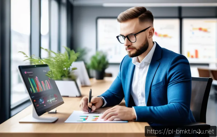 브랜드 마케터 직무 기술서 작성법 - A professional Brand Marketer in a modern office setting, analyzing market data on multiple screens ...