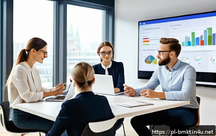 브랜드 마케터의 글로벌 시장 진출 전략 - A professional business meeting scene in a modern European office, featuring diverse marketers analy...
