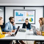 Home 18 브랜드 마케팅 팀 빌딩 가이드 - A diverse marketing team in a modern office setting collaborating around a large table, featuring pr...