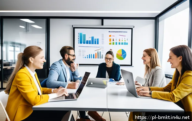 브랜드 마케팅 팀 빌딩 가이드 - A diverse marketing team in a modern office setting collaborating around a large table, featuring pr...