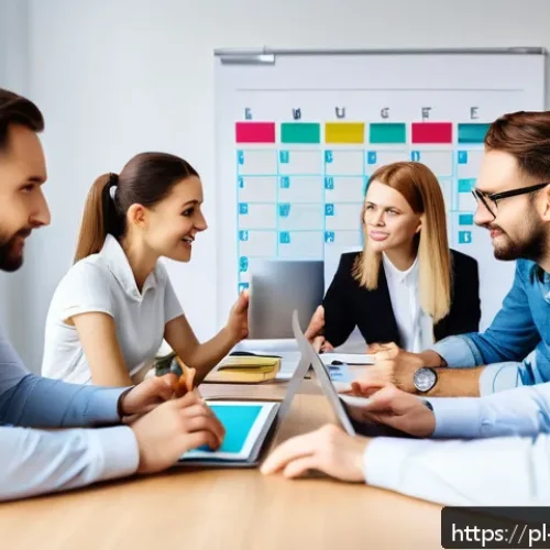 Home 17 브랜드 마케팅 프로젝트 관리 실전 - A modern Polish marketing team gathered in a bright, contemporary office space during a daily briefi...