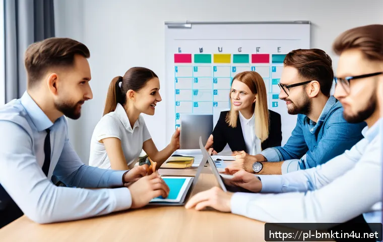 브랜드 마케팅 프로젝트 관리 실전 - A modern Polish marketing team gathered in a bright, contemporary office space during a daily briefi...