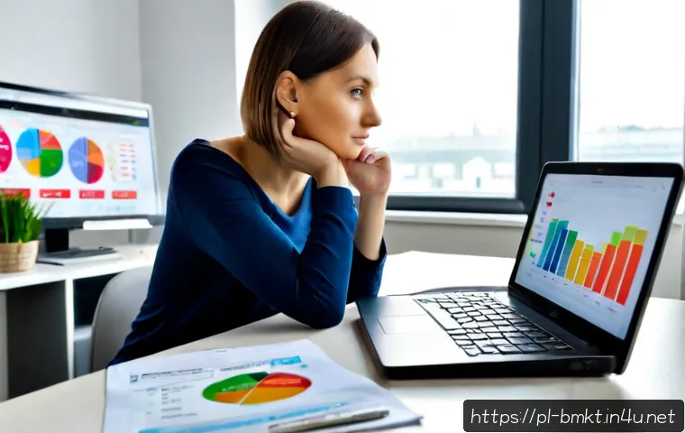 브랜드 마케팅 캠페인 효과 측정법 - Photorealistic Polish marketing analyst in a bright modern Warsaw office, studying a clean campaign ...